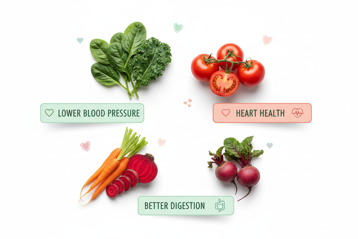 Visuals featuring vegetables alongside text highlighting benefits such as "Lower Blood Pressure" or "Better Digestion".